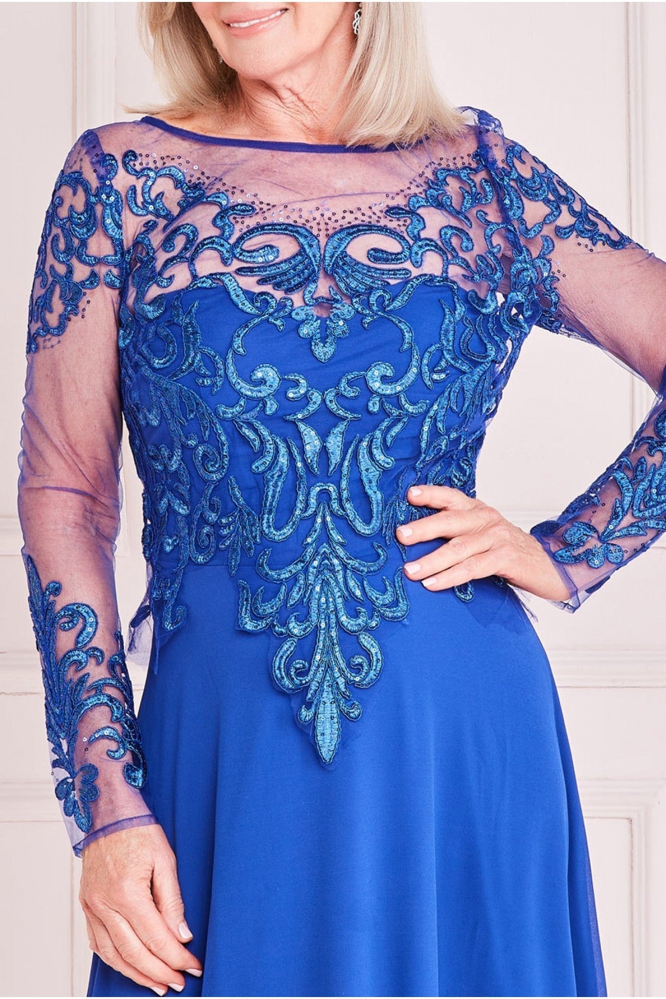 Goddiva Mesh & Lace Embroidered Bodice Maxi - Royal Blue