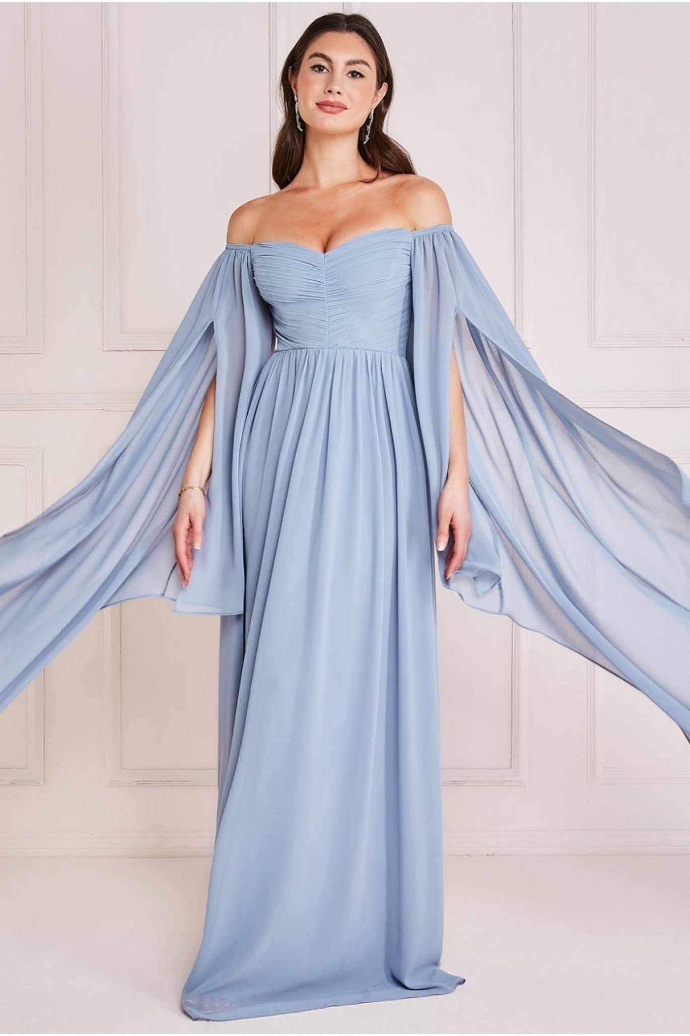 Goddiva Chiffon Off The Shoulder Maxi With Cape Sleeves - Blue