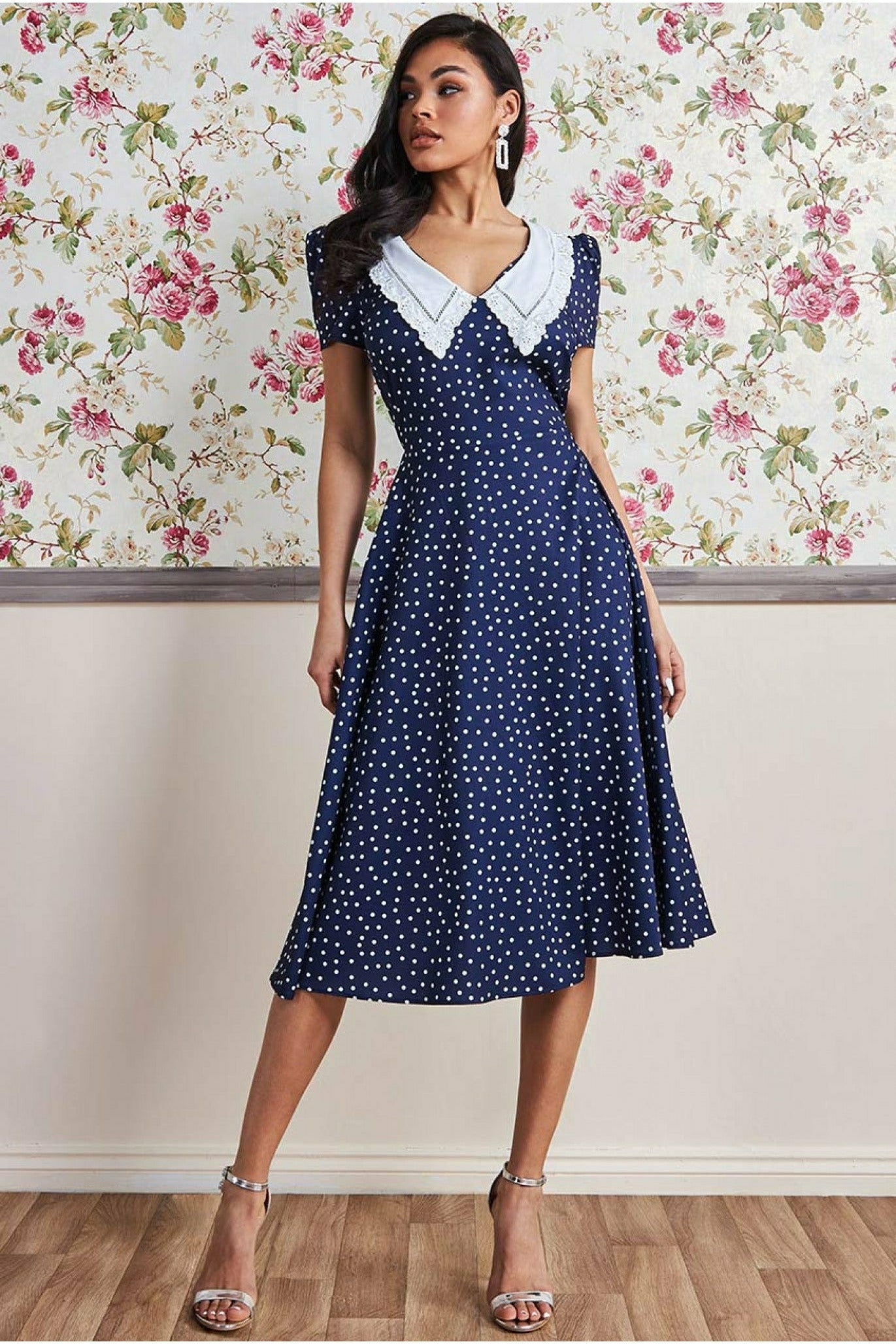 Goddiva Printed Tea Dress With Collar - Navy