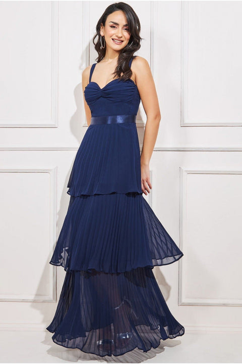 Goddiva Pleated Chiffon Tiered Maxi Dress - Navy