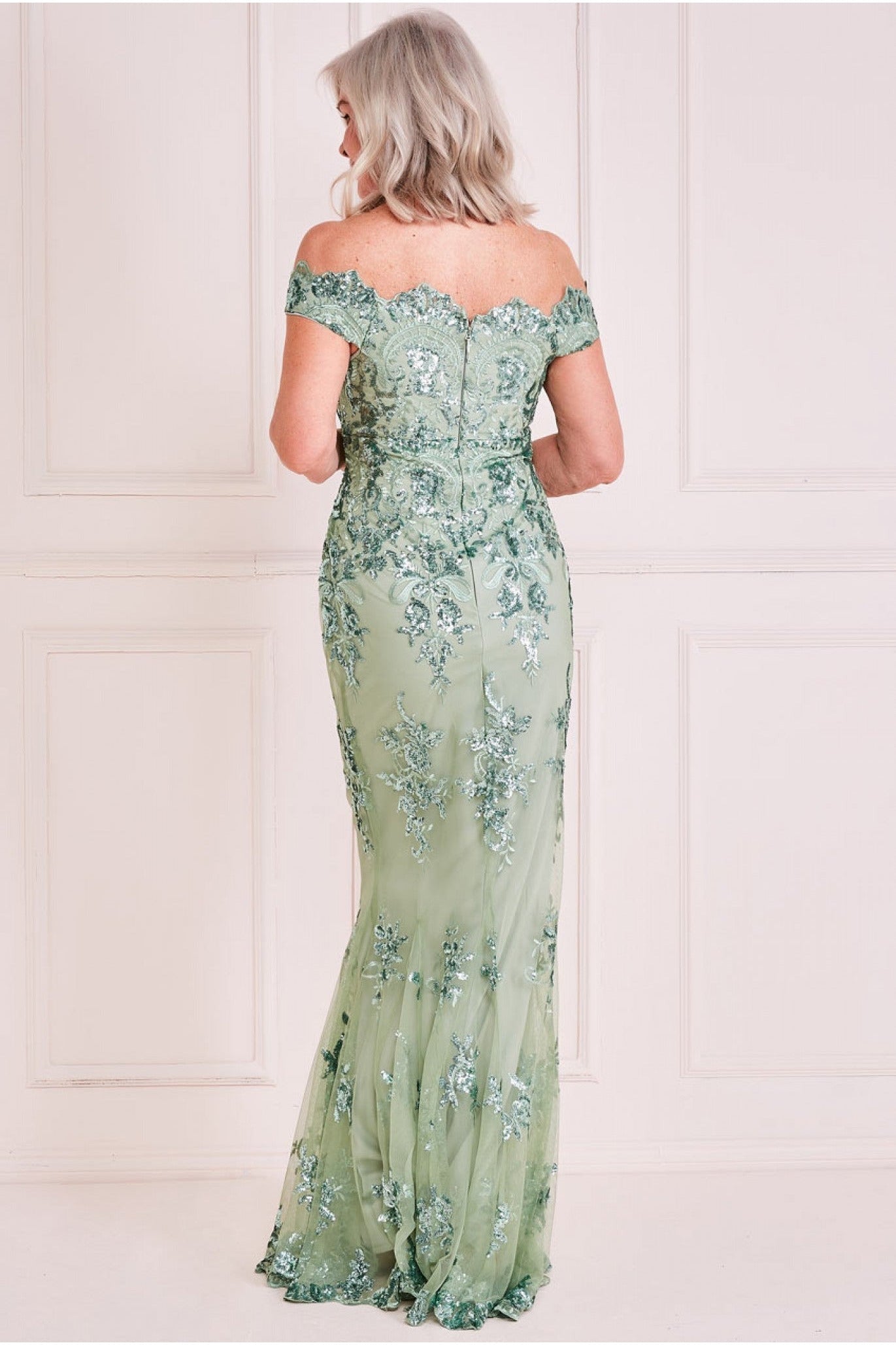 Goddiva Sequin Embroidered Bardot Maxi