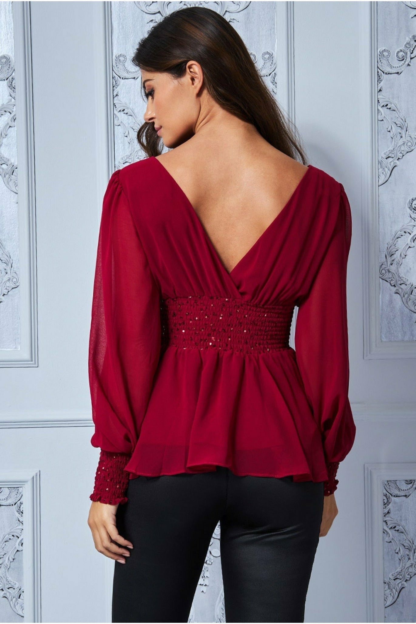 Goddiva Sequin Chiffon Puffy Sleeve Top - Wine