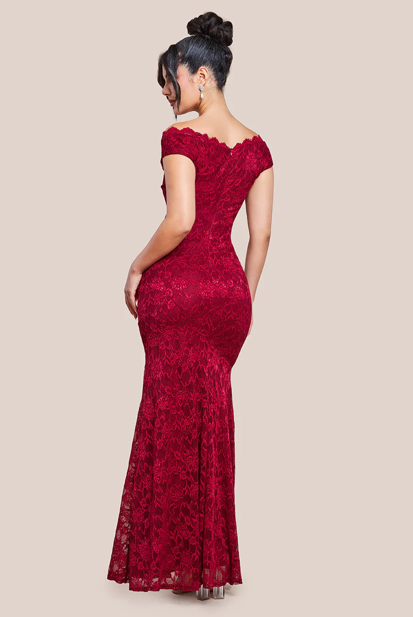 Goddiva Off The Shoulder Scalloped Neck Maxi Dress - Wine