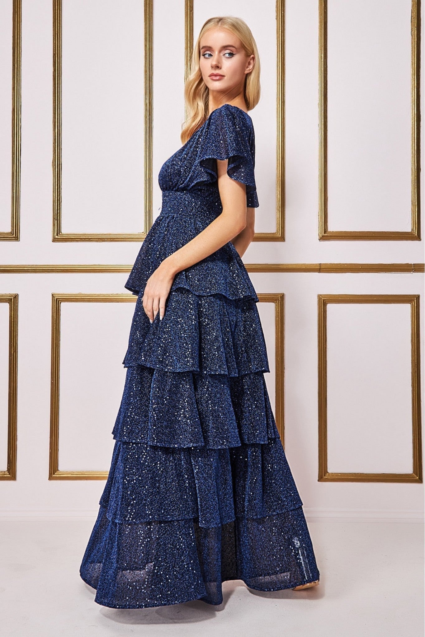 Goddiva Sequin Lurex Tiered Maxi Dress - Navy