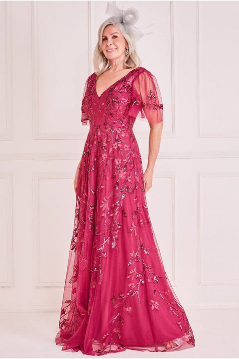 Goddiva Embroidered Flared Sleeve Maxi Dress - Magenta