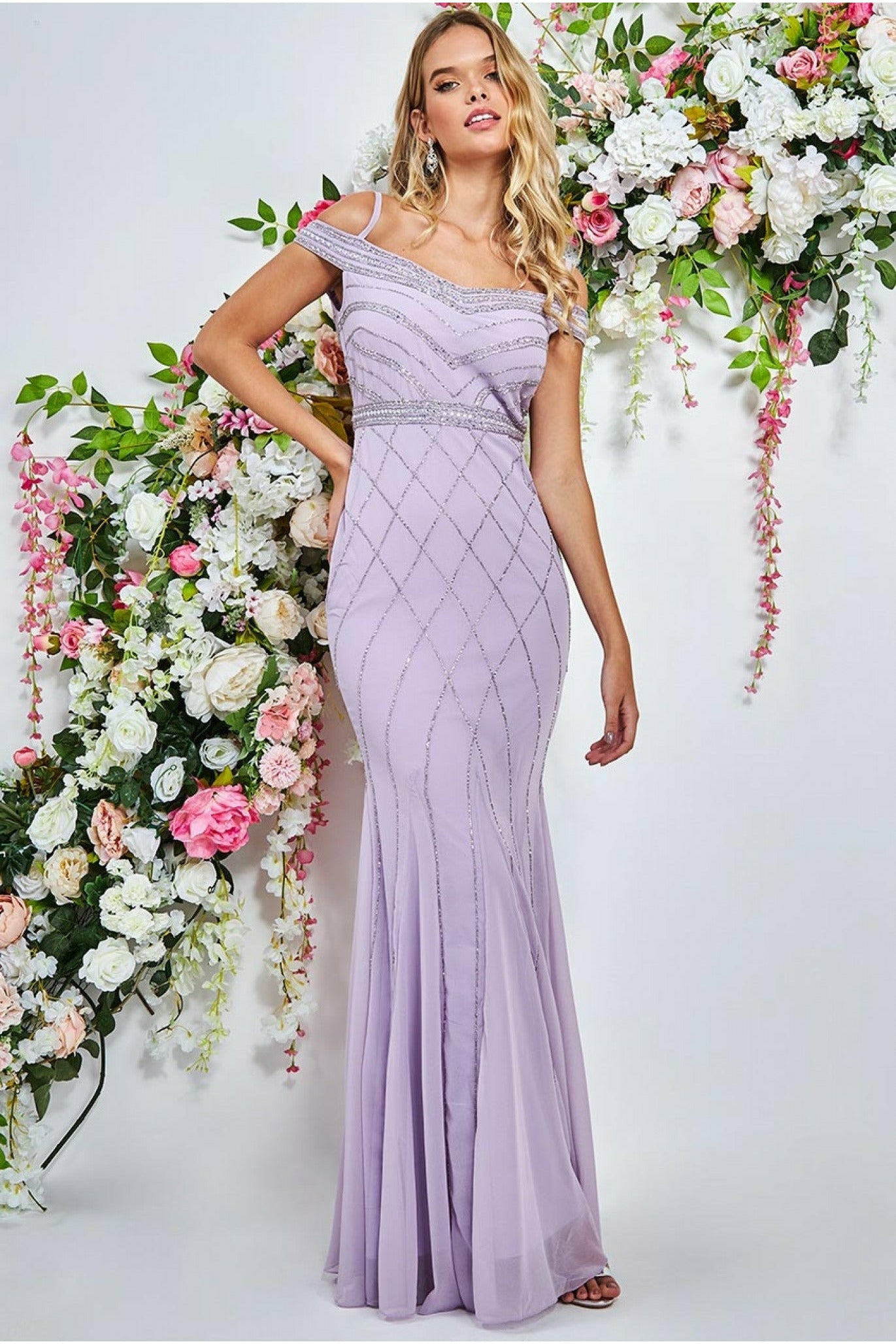 Goddiva Off The Shoulder Sequin Maxi Dress - Lavender