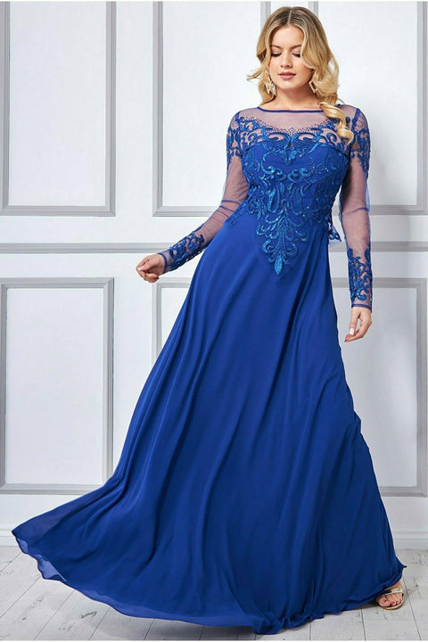 Goddiva Mesh & Lace Embroidered Bodice Maxi - Royal Blue