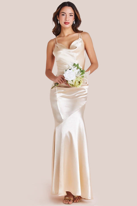 Goddiva Satin Cowl Neck With Strappy Back Maxi - Champagne