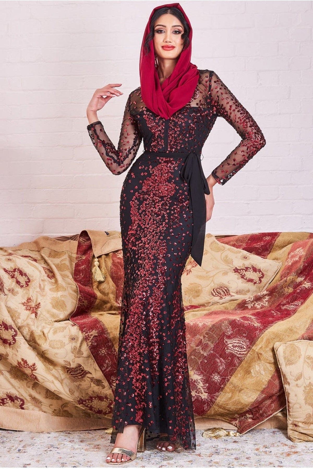 Goddiva Modesty Sequin Maxi Dress - Wine