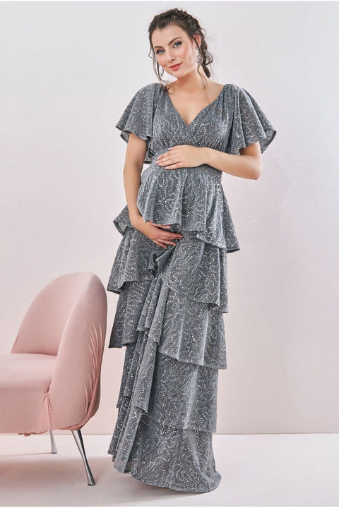 Goddiva Maternity Sequin Lurex Tiered Maxi Silver