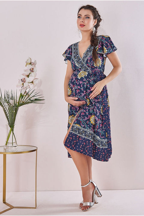 Goddiva Maternity Floral Print Midi Navy Print