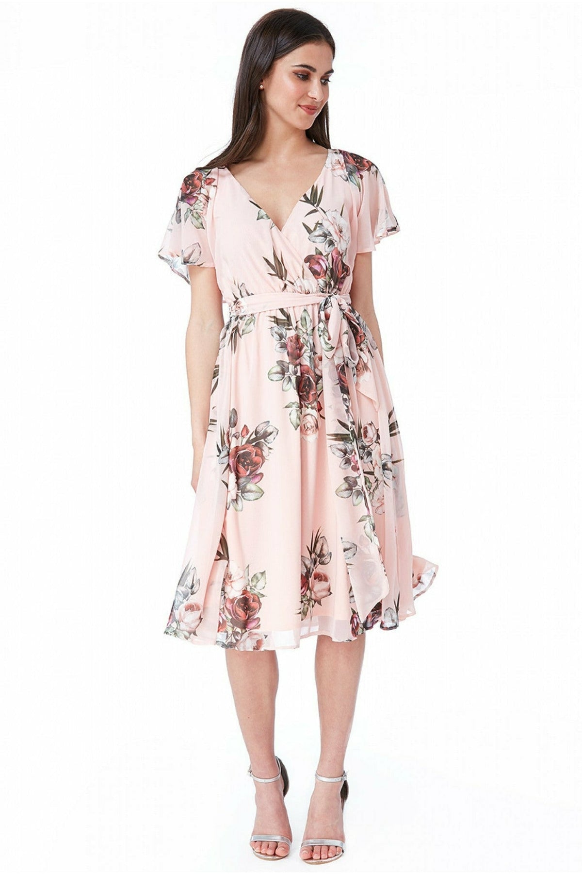 Goddiva Floral Print Midi With Flutter Sleeves - Pink