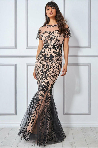 Black - Goddiva Mesh & Lace Maxi With Scalloped Hem - Black