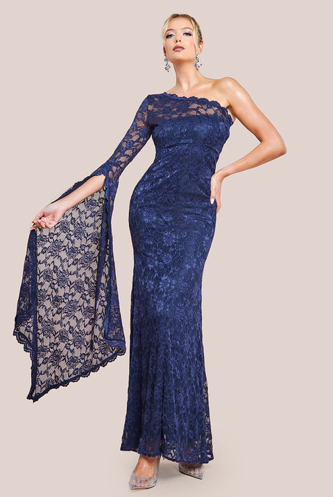 Goddiva One Shoulder Scalloped Neck Maxi Dress - Navy Blue