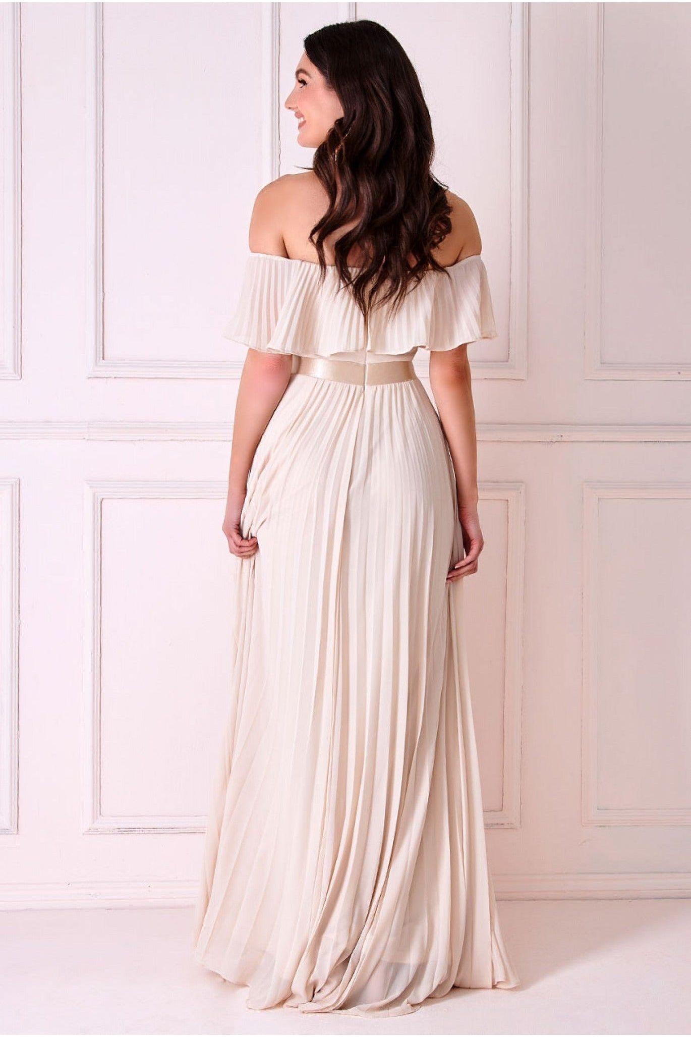 Goddiva Pleated Chiffon Off Shoulder Maxi Dress - Ivory