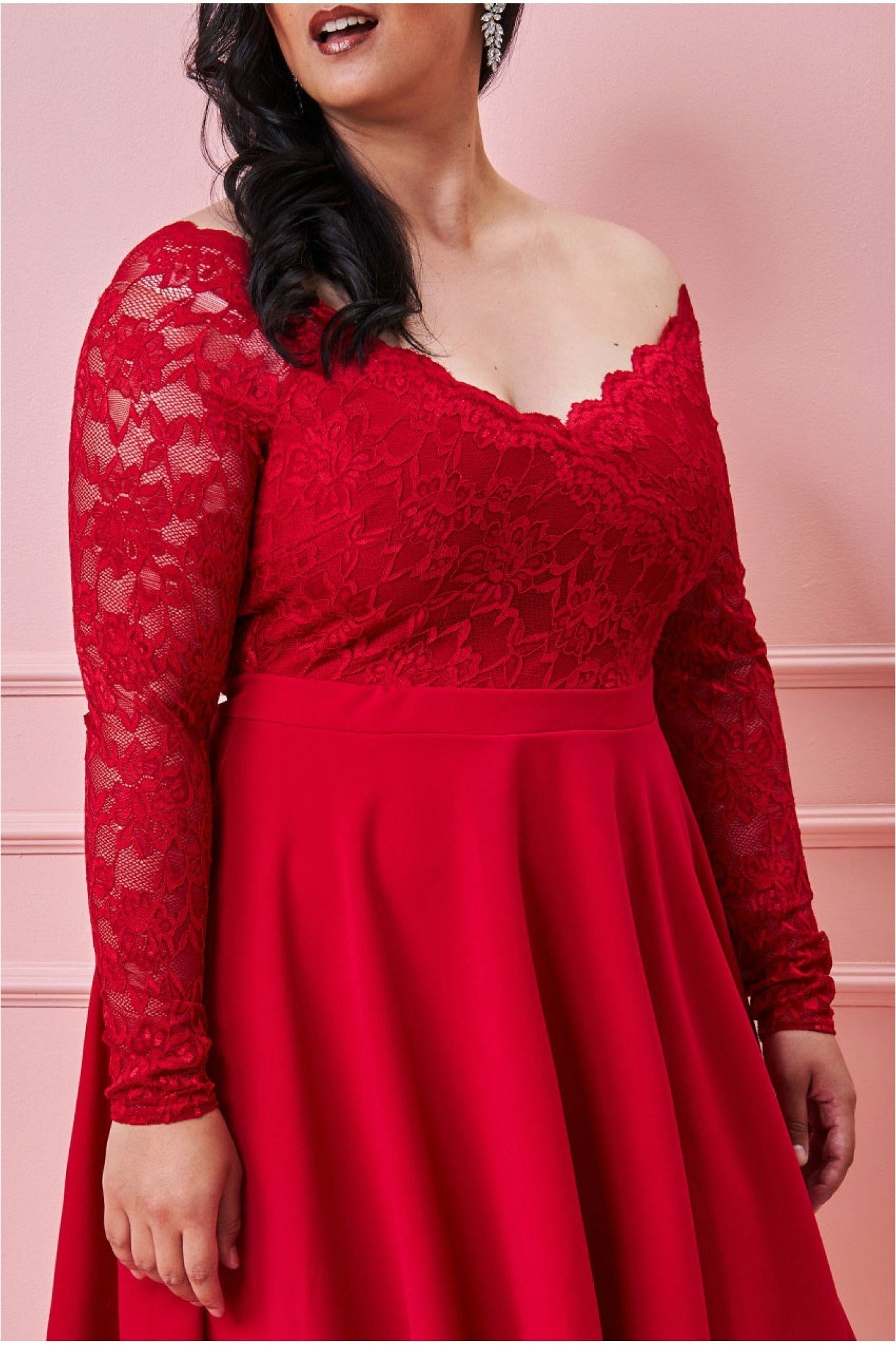 Goddiva Plus Off The Shoulder Lace Skater Dress - Red