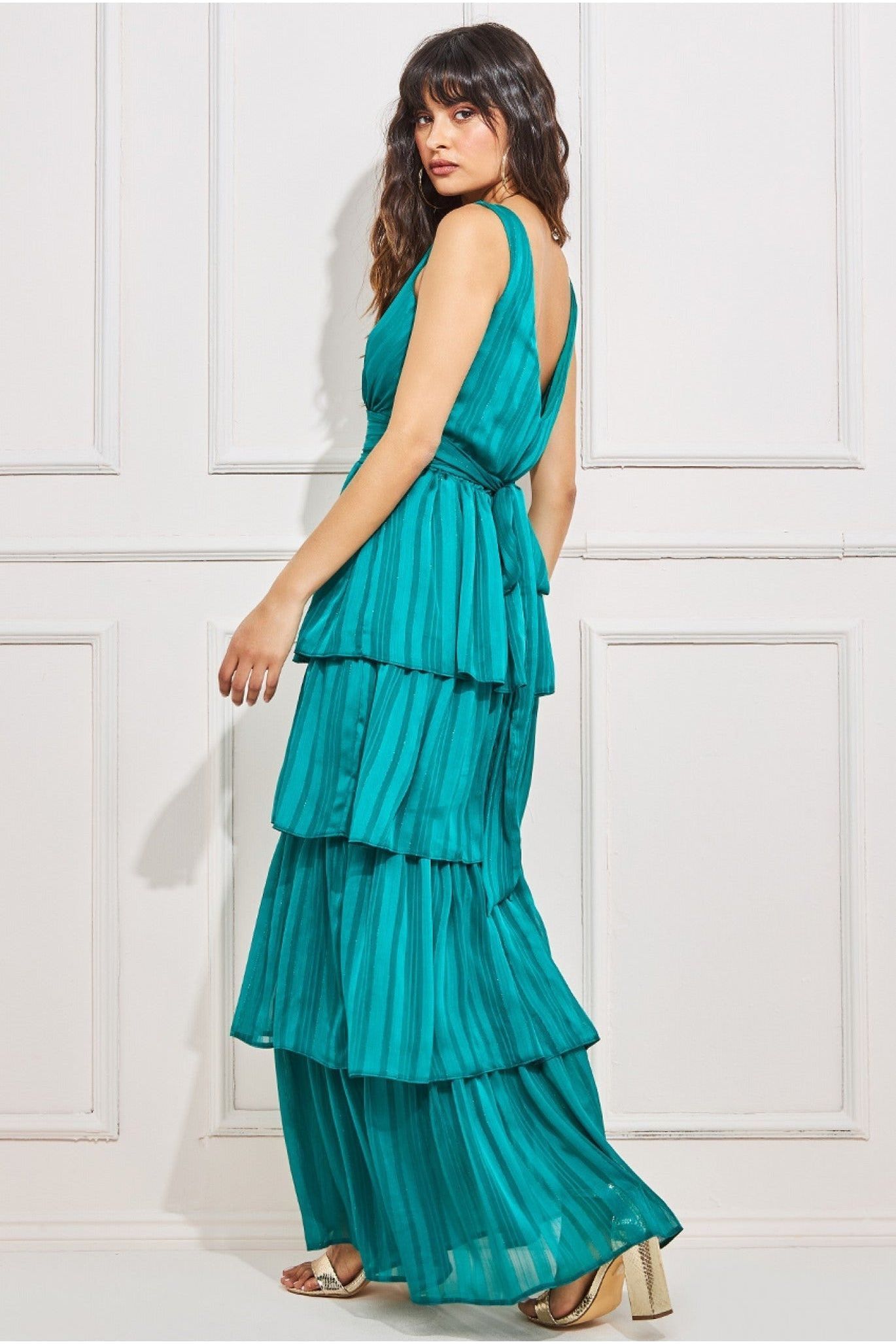 Goddiva Tiered Chiffon Maxi Dress - Emerald