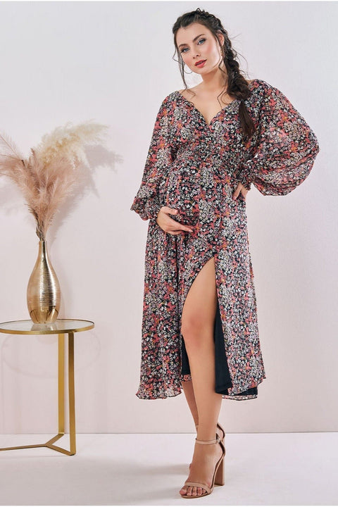 Goddiva Maternity Long Sleeve Midi Floral Print