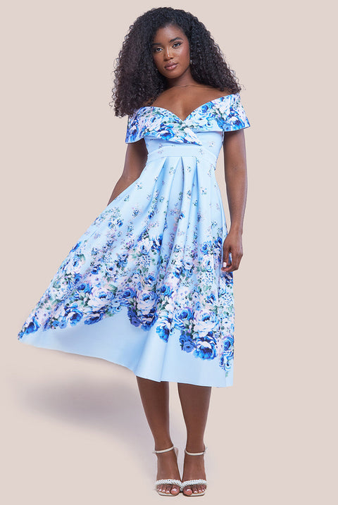 Goddiva Bardot Floral Print A-Line Scuba Foam Midi Dress - Blue