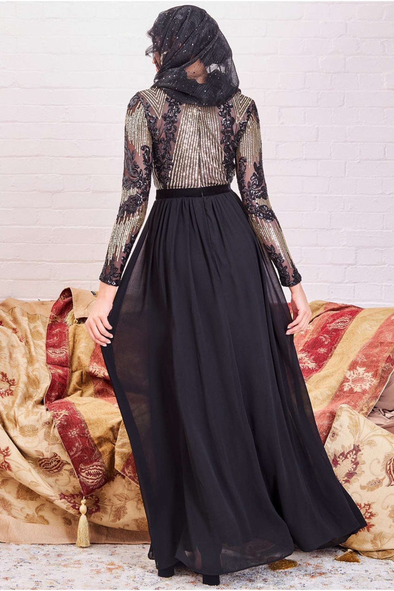 Goddiva Modesty Sequin Mesh Bodice Maxi Dress - Black