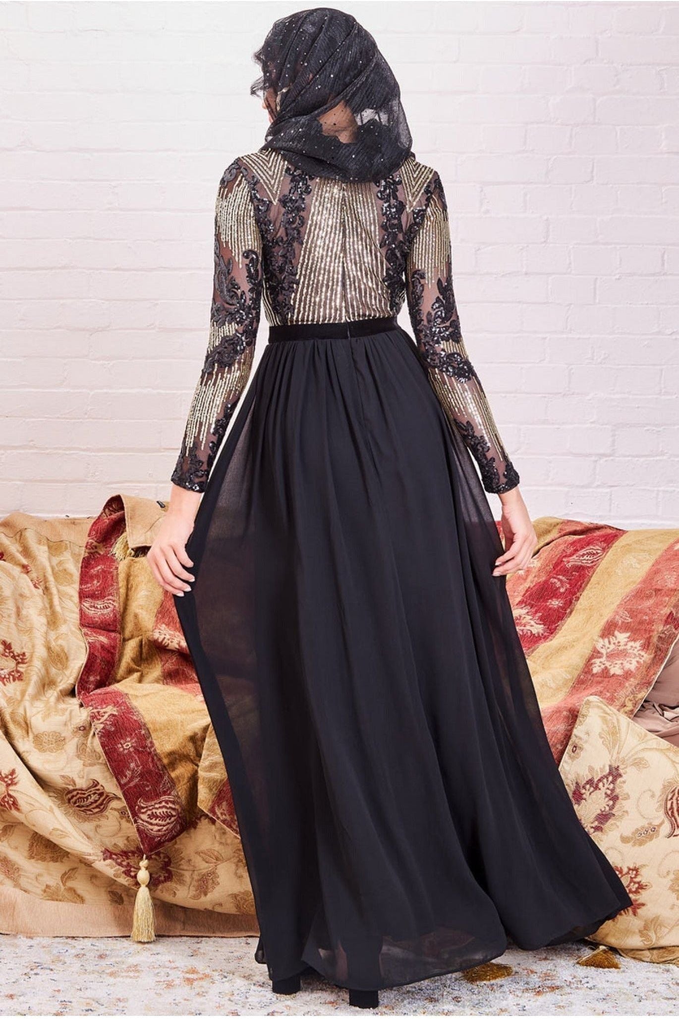 Goddiva Modesty Sequin Mesh Bodice Maxi Dress - Black