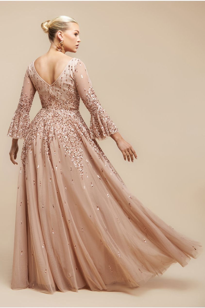 Goddiva Sunray Hand Embellished Sequin A-Line Bell Sleeve Maxi Dress - Champagne
