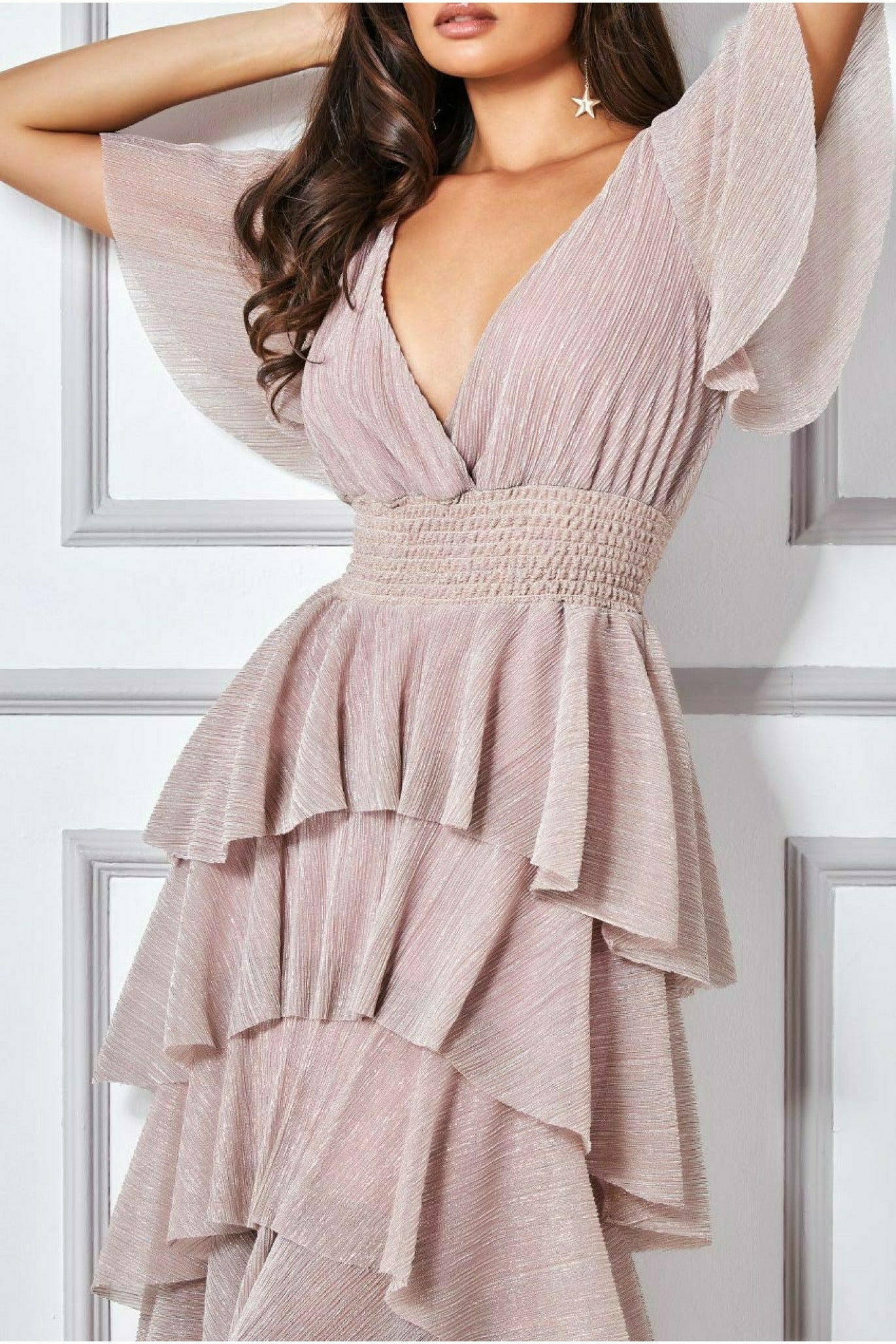 Goddiva Crinkle Lurex High Low Layered Midi Dress - Blush