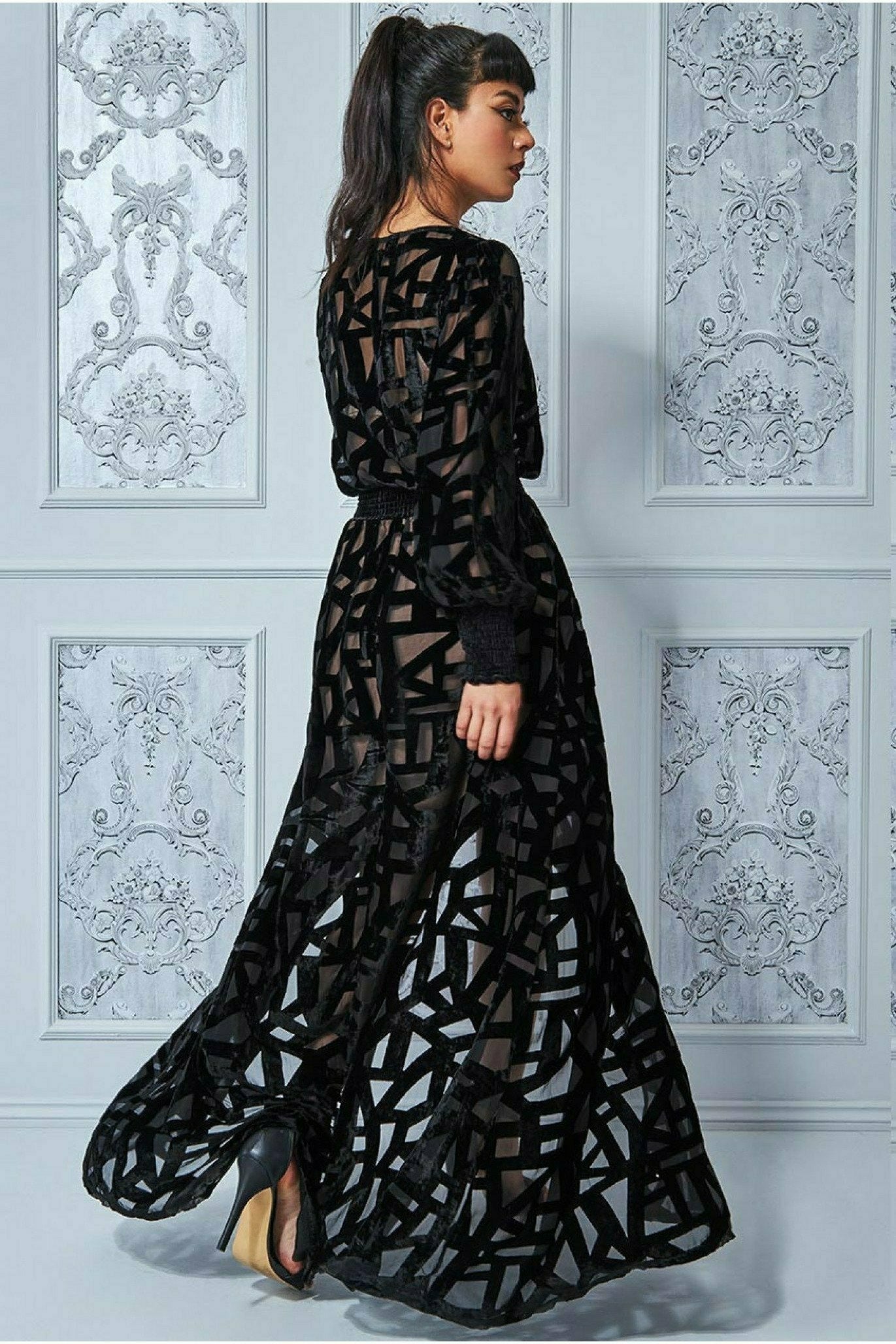Goddiva Burnout Velvet Maxi Dress - Black