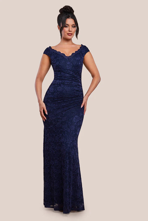 Goddiva Off The Shoulder Scalloped Neck Maxi Dress - Navy