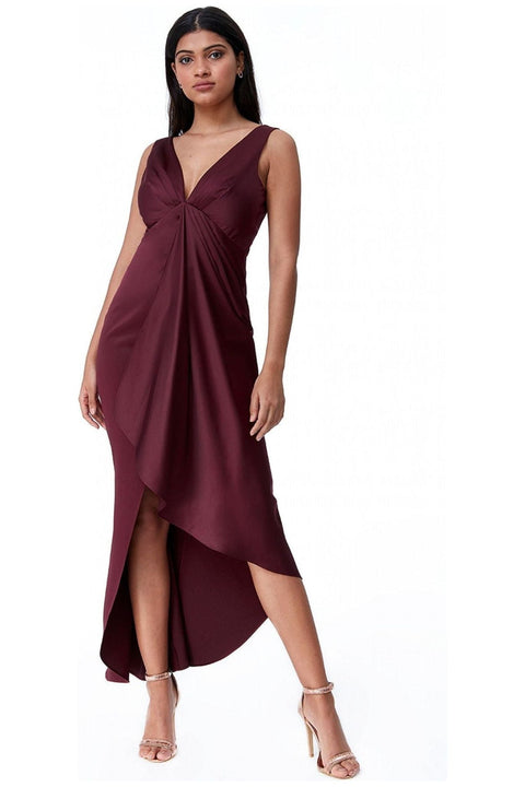 Goddiva Waterfall Satin Maxi Dress  - Wine