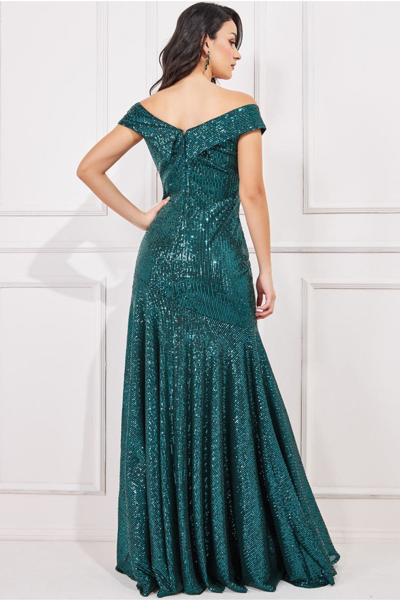 Goddiva Bardot Sequin Pleated Maxi Dress - Emerald Green