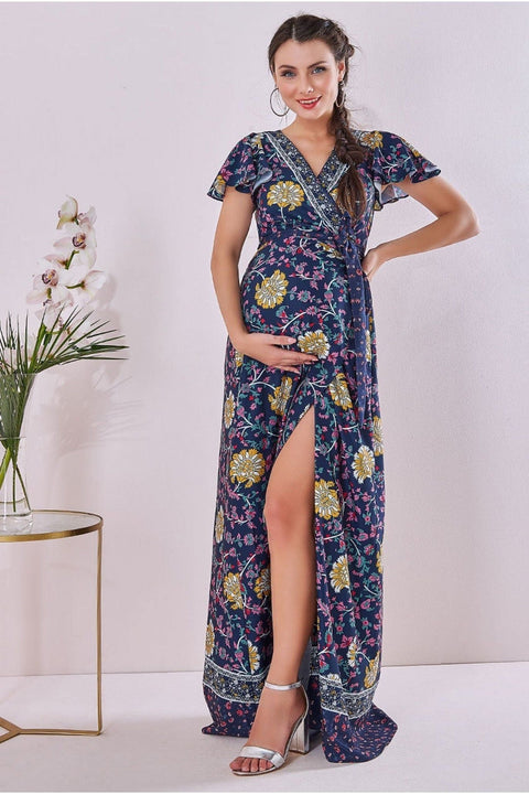 Goddiva Maternity Floral Print Maxi Navy Print