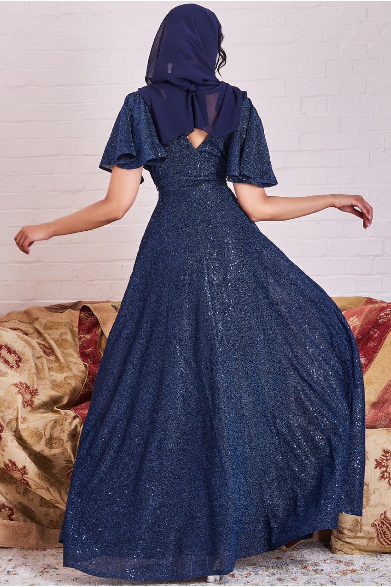 Goddiva Modesty Lurex Flutter Sleeve Maxi - Navy