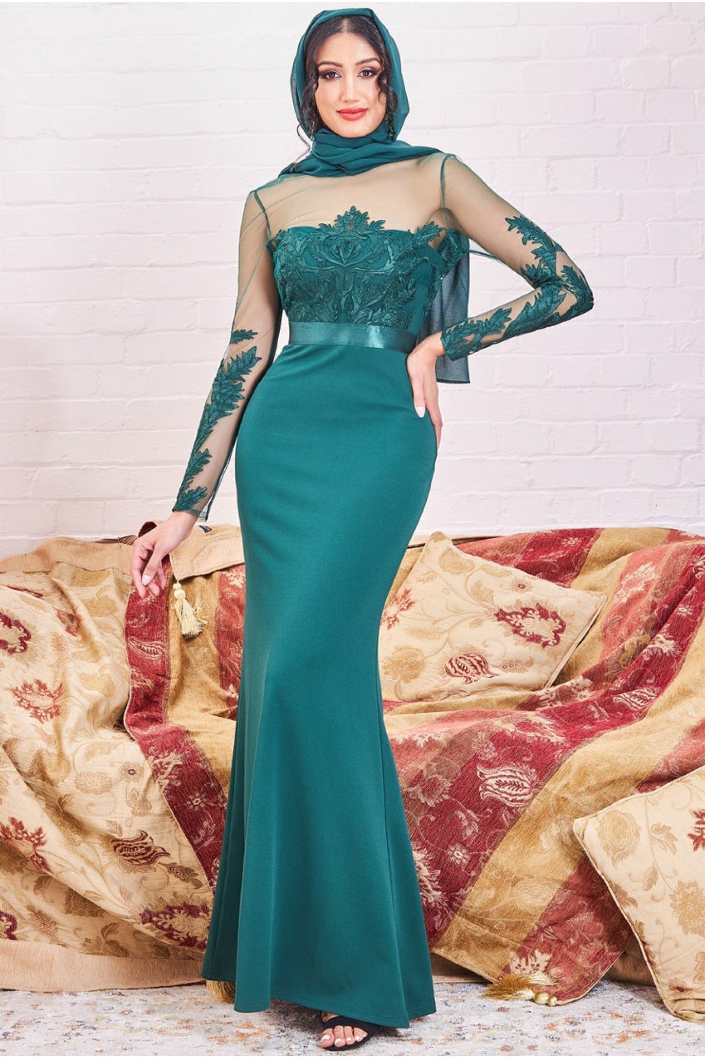Goddiva Modesty Mesh & Scuba Maxi Dress - Emerald Green