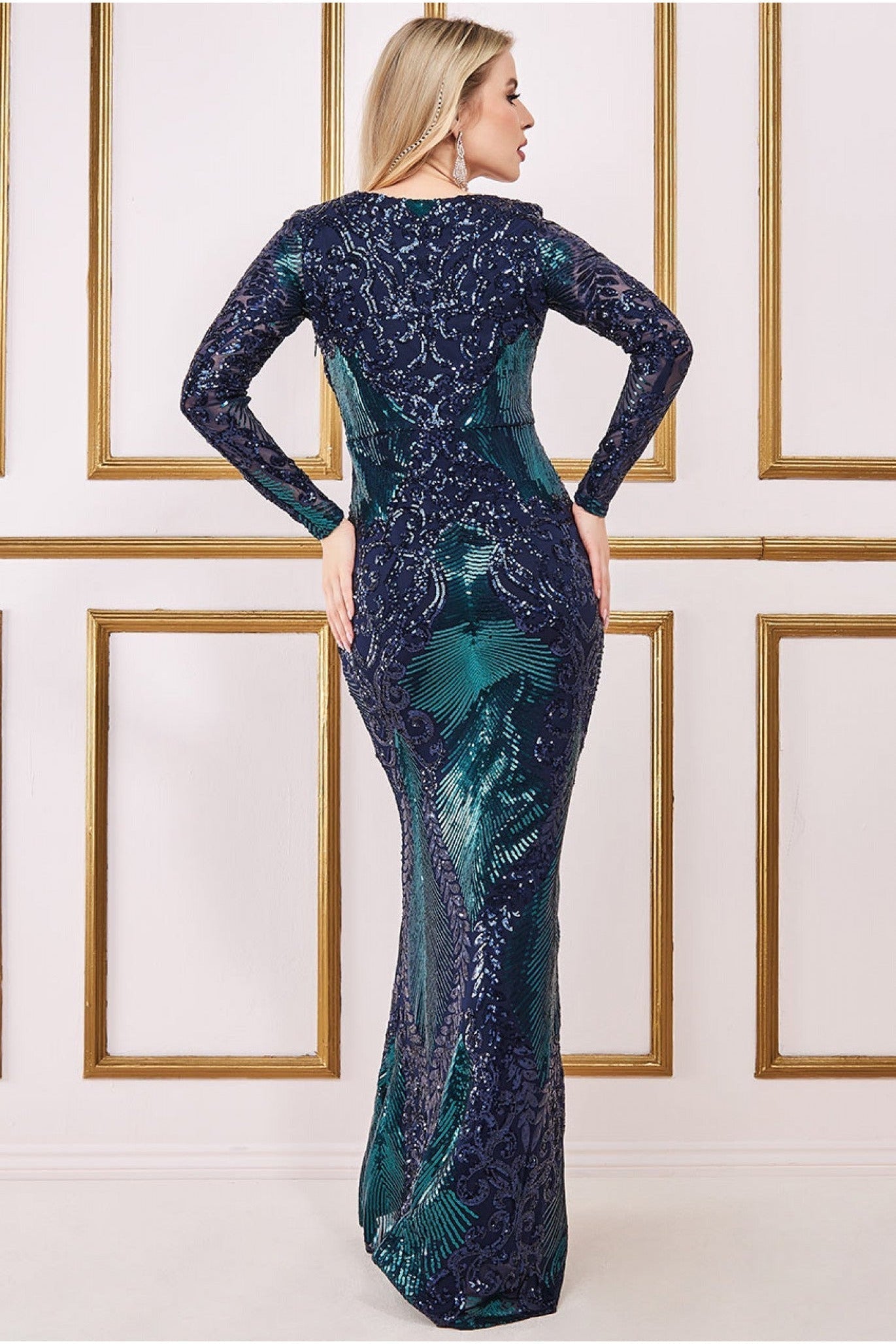Goddiva Contrast Sequin Long Sleeve Maxi Dress - Emerald