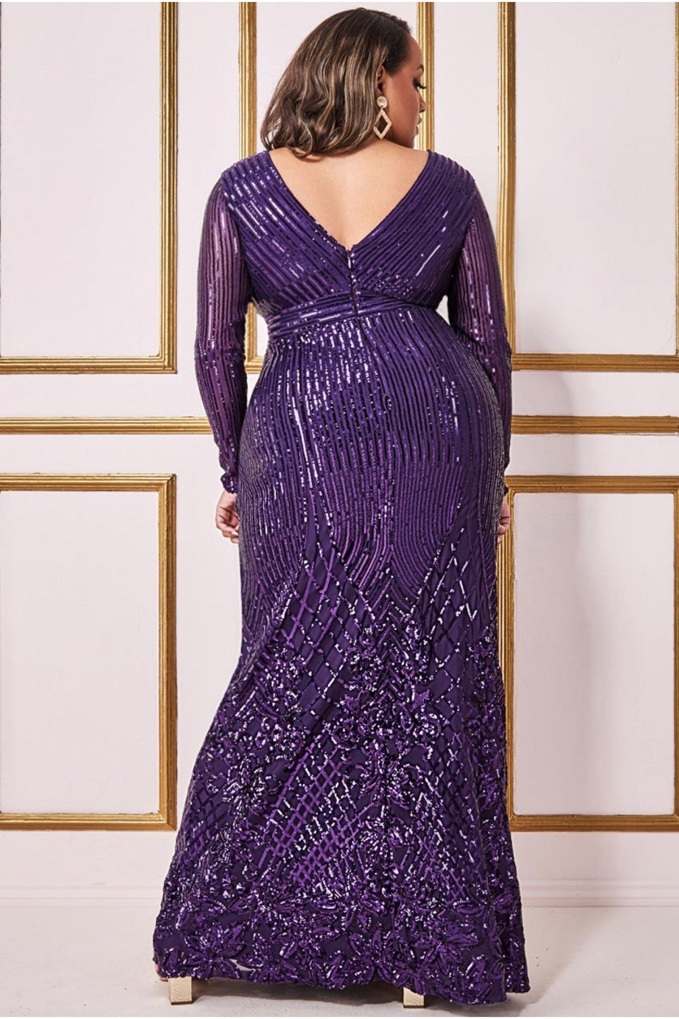 Goddiva Plus Long Sleeve Sequin V Wrap Maxi - Purple