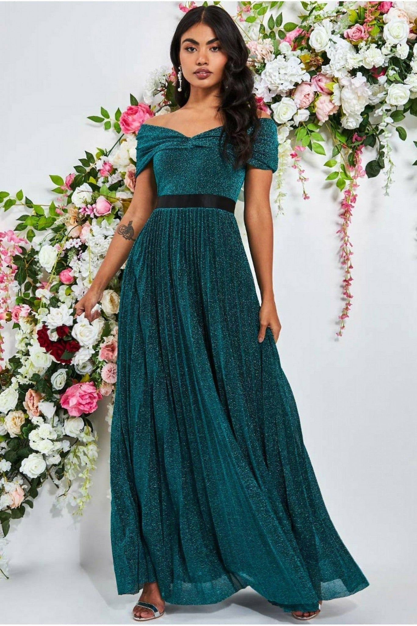 Goddiva Bardot Pleated Skirt Maxi Dress - Emerald