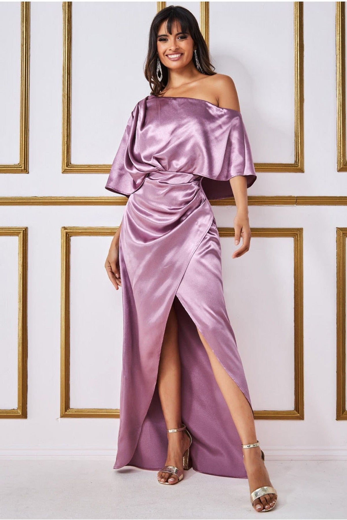 Goddiva Satin Drape Shoulder Wrap Maxi Dress - Blush