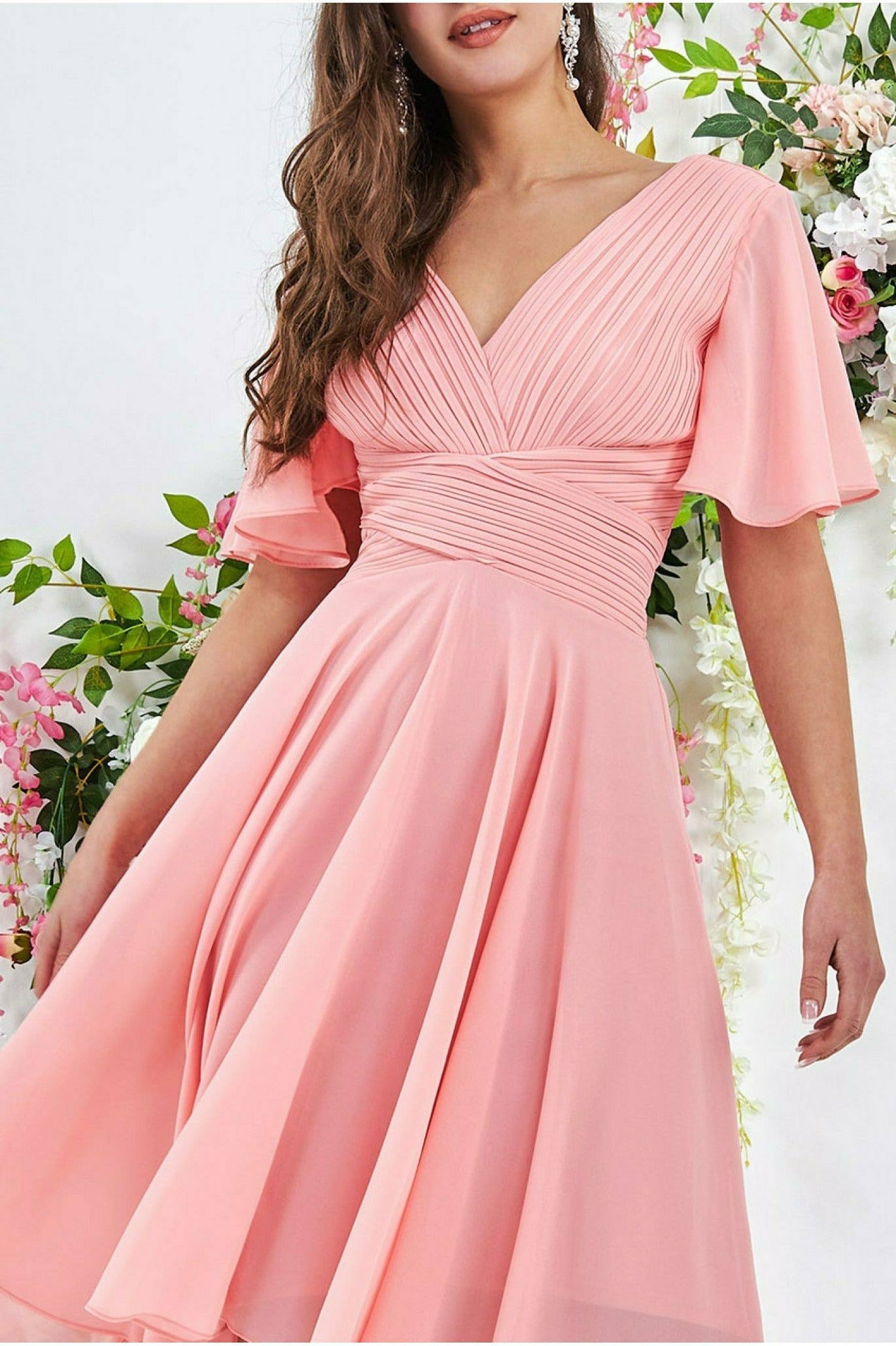 Goddiva Pleated Chiffon High Low Midi Dress - Peach