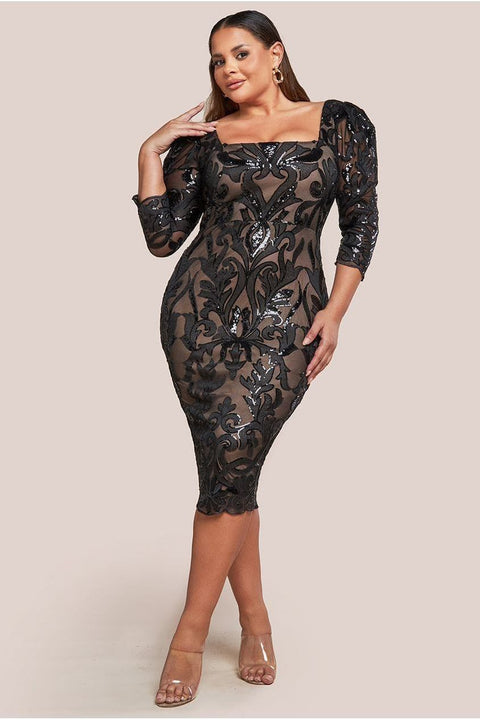 Goddiva Plus Square Neck Scalloped Embroidered Sequin Midi Dress - Black