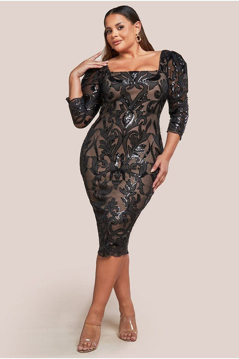 Goddiva Plus Square Neck Scalloped Embroidered Sequin Midi Dress - Black