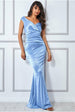 Goddiva Satin Off The Shoulder Maxi Dress - Dusty Blue