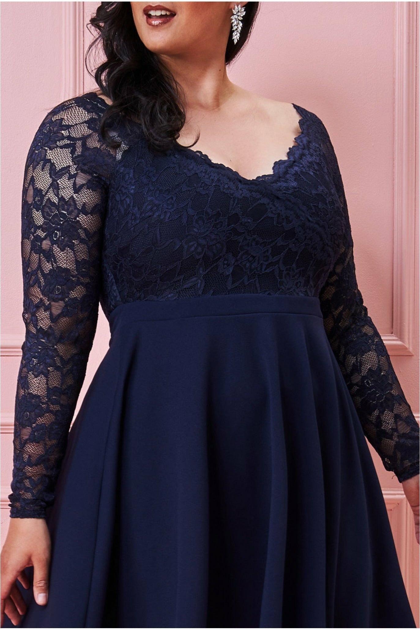 Goddiva Plus Off The Shoulder Lace Skater Dress - Navy