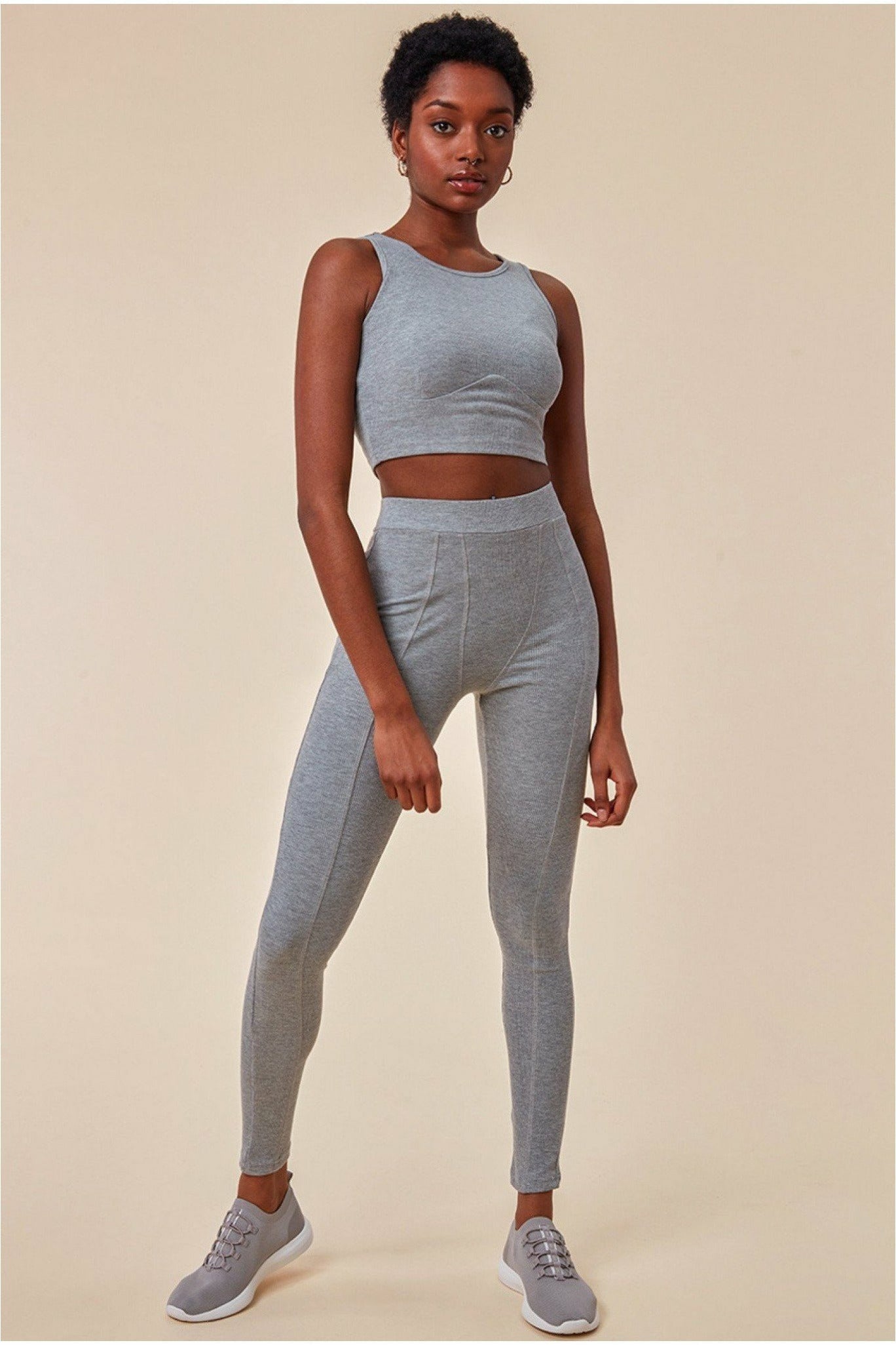 Cosmochic High Neck Crop Top With Leggings Lounge Set - Gray