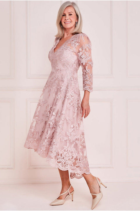 Goddiva Scalloped Dipped Hem Lace Midi - Blush