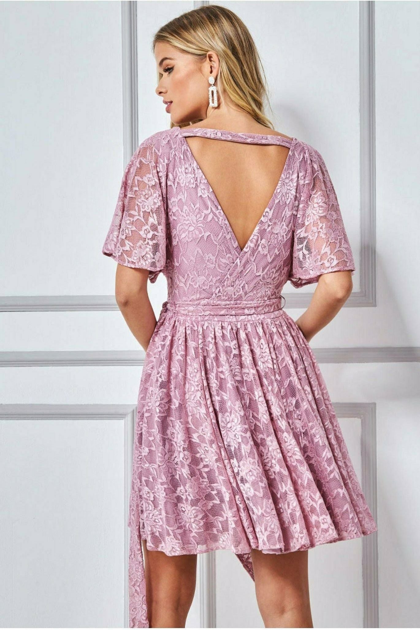 Goddiva Lace Kimono Wrap Skater Mini Dress - Mauve