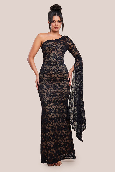 Goddiva One Shoulder Scalloped Neck Maxi Dress - Black