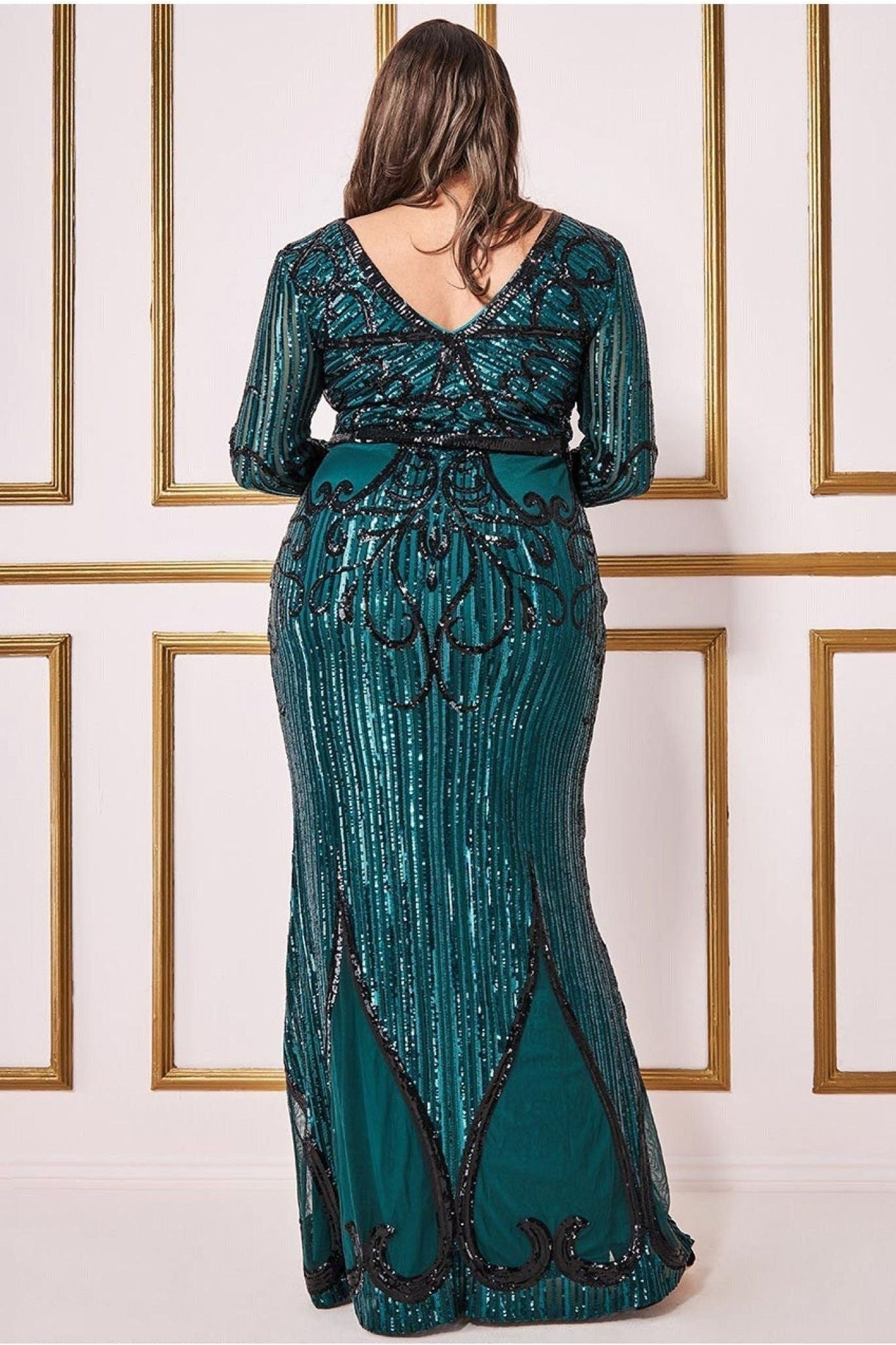 Goddiva Plus Sequin & Mesh Embroidered Maxi - Emerald Green