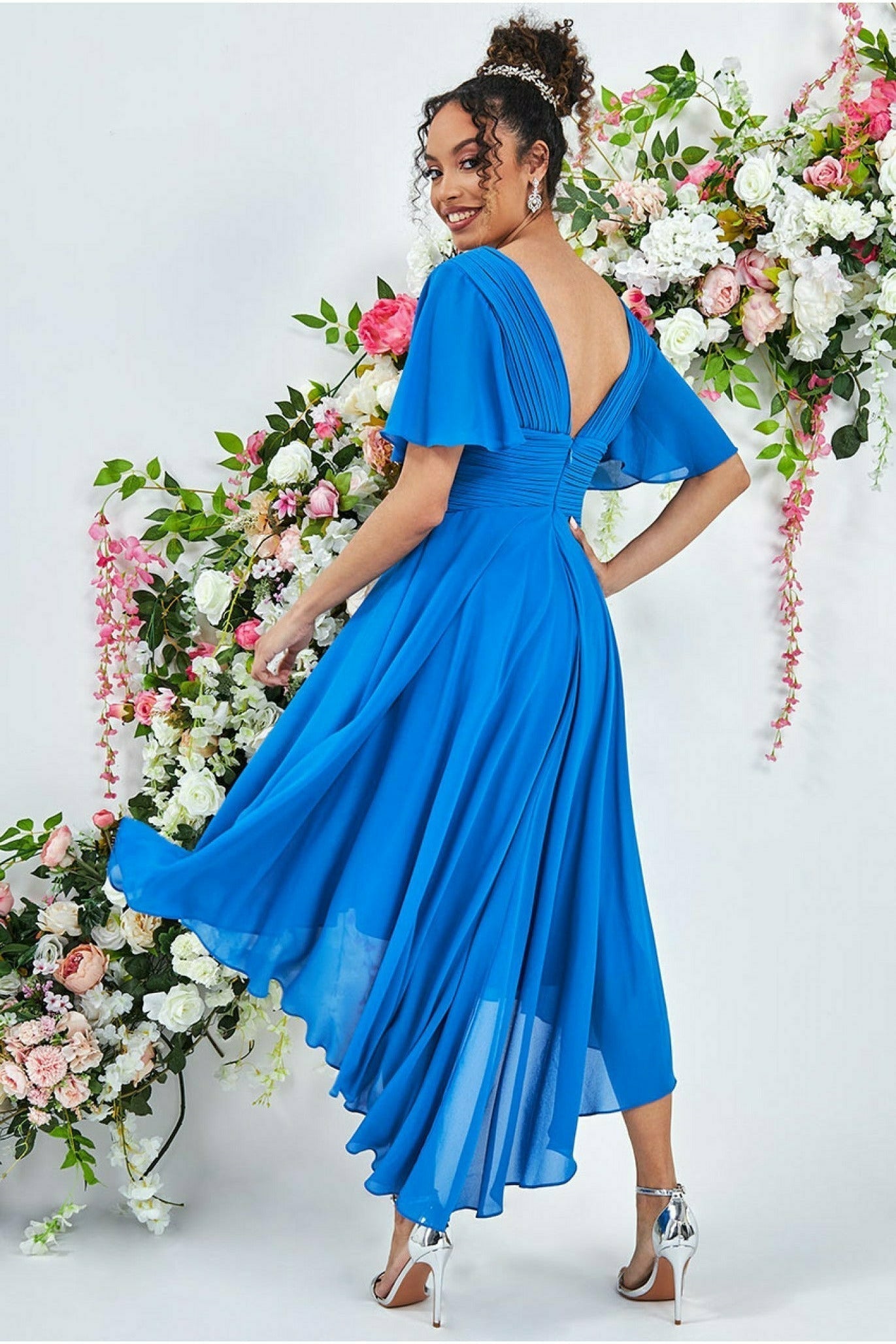 Goddiva Pleated Chiffon High Low Midi Dress - Atlantic Blue