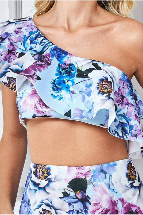 Goddiva One Shoulder Floral Crop Top - Light Blue